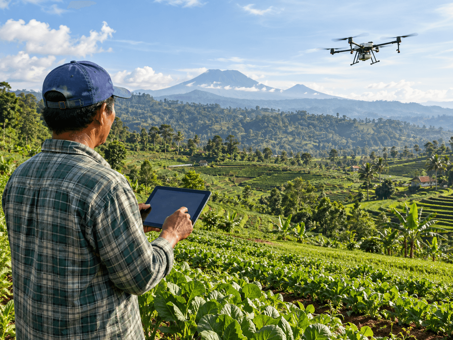 Ilustrasi petani menggunakan tablet di lahan pertanian