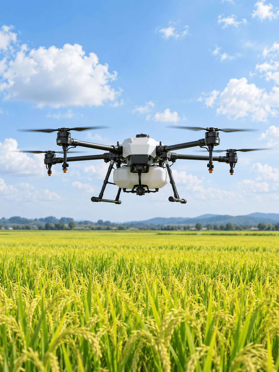 Ilustrasi drone pertanian di atas tanaman padi