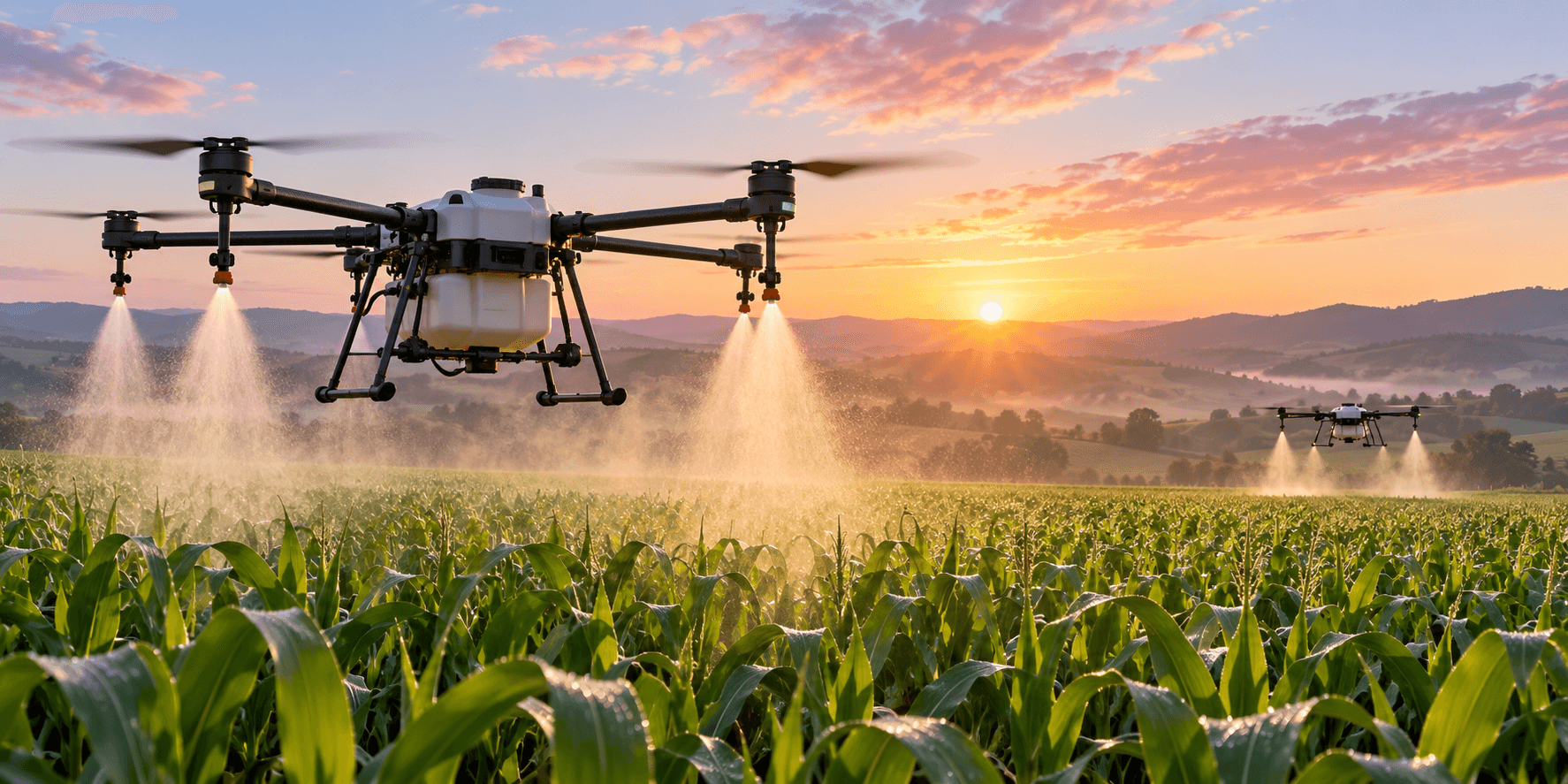 Ilustrasi drone di atas ladang jagung saat matahari terbit
