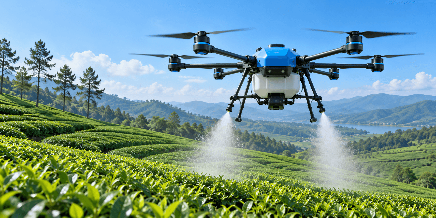 Ilustrasi drone pertanian di atas kebun hijau berteras